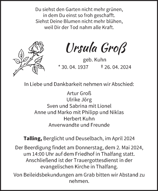 Todesanzeige von Ursula Groß von trierischer_volksfreund