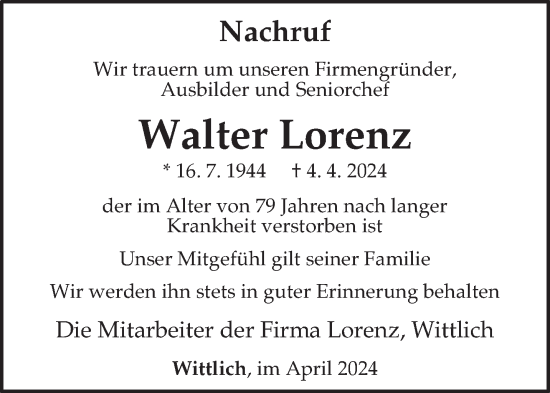 Todesanzeige von Walter Lorenz von trierischer_volksfreund