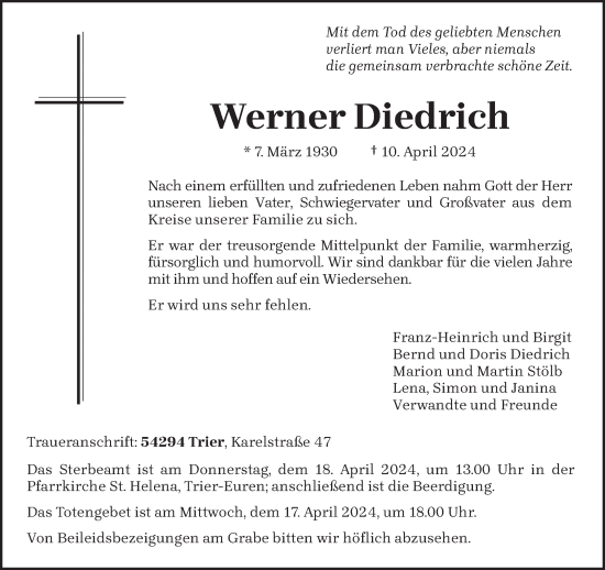 Todesanzeige von Werner Diedrich von trierischer_volksfreund