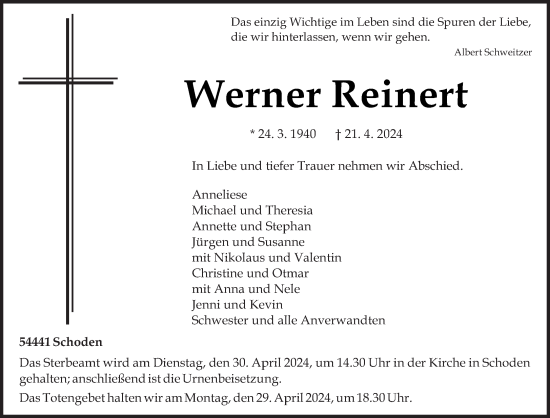 Todesanzeige von Werner Reinert von trierischer_volksfreund