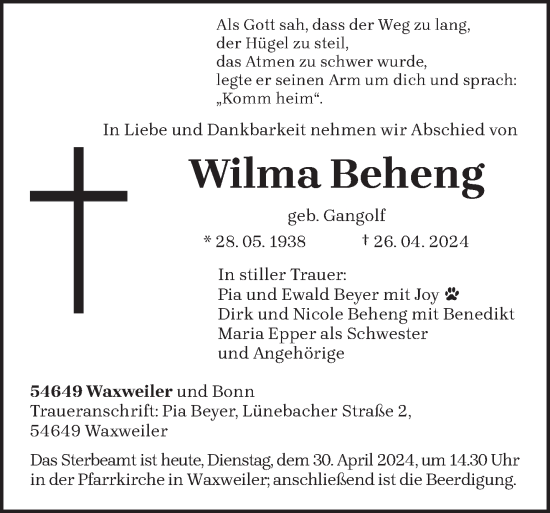 Todesanzeige von Wilma Beheng von trierischer_volksfreund