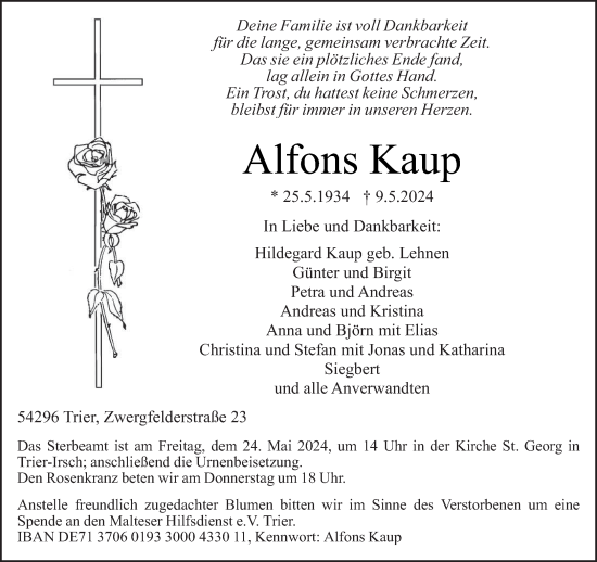 Todesanzeige von Alfons Kaup von trierischer_volksfreund