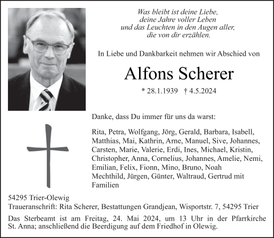 Todesanzeige von Alfons Scherer von trierischer_volksfreund