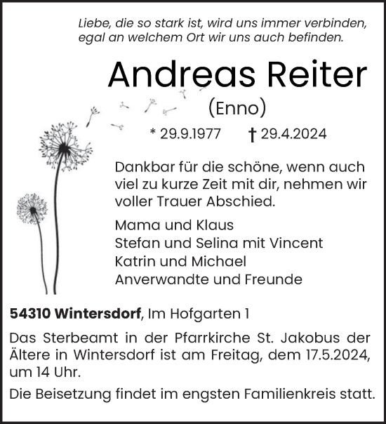 Todesanzeige von Andreas Reiter von trierischer_volksfreund