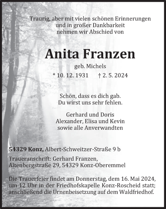 Todesanzeige von Anita Franzen von trierischer_volksfreund