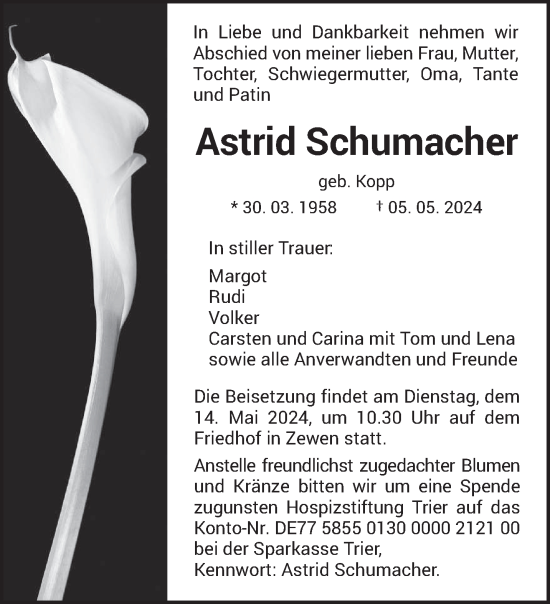 Todesanzeige von Astrid Schumacher von trierischer_volksfreund
