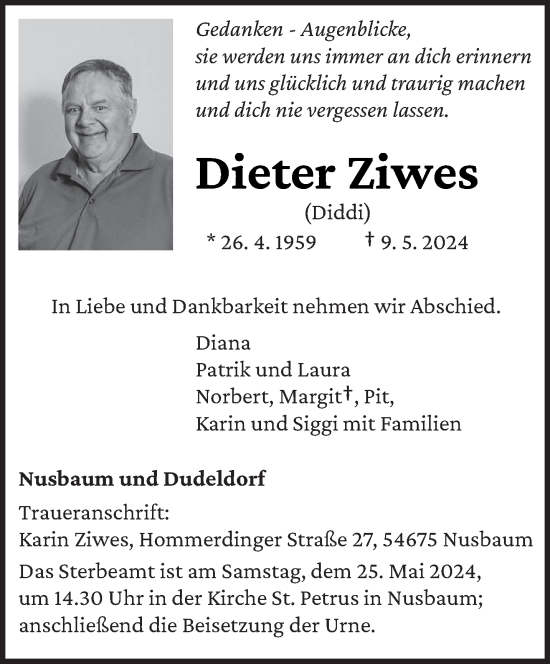 Todesanzeige von Dieter Ziwes von trierischer_volksfreund