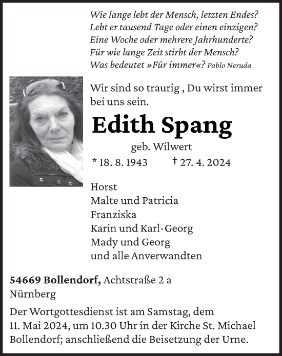 Todesanzeige von Edith Spang von trierischer_volksfreund