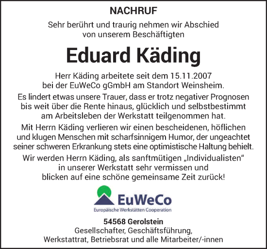 Todesanzeige von Eduard Käding von trierischer_volksfreund