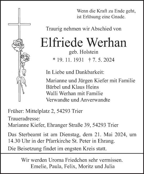 Todesanzeige von Elfriede Werhan von trierischer_volksfreund