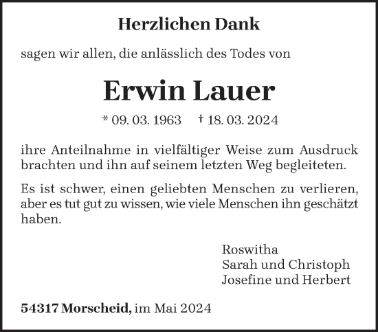 Todesanzeige von Erwin Lauer von trierischer_volksfreund