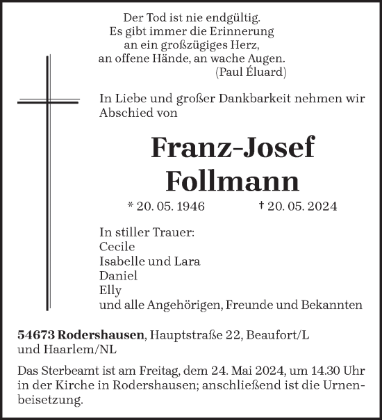 Todesanzeige von Franz-Josef Follmann von trierischer_volksfreund