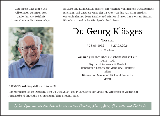 Todesanzeige von Georg Kläsges von trierischer_volksfreund