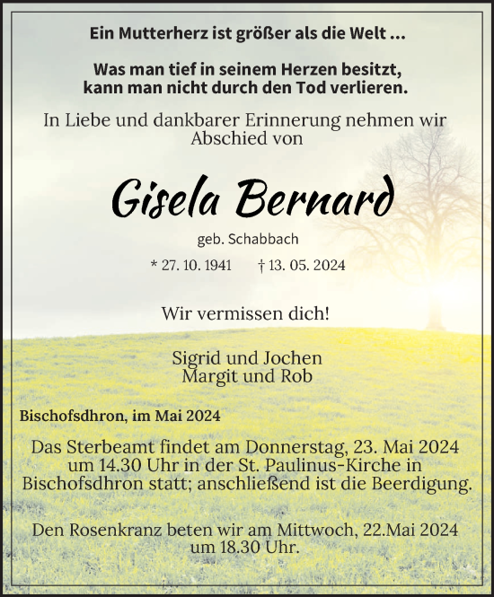 Todesanzeige von Gisela Bernard von trierischer_volksfreund