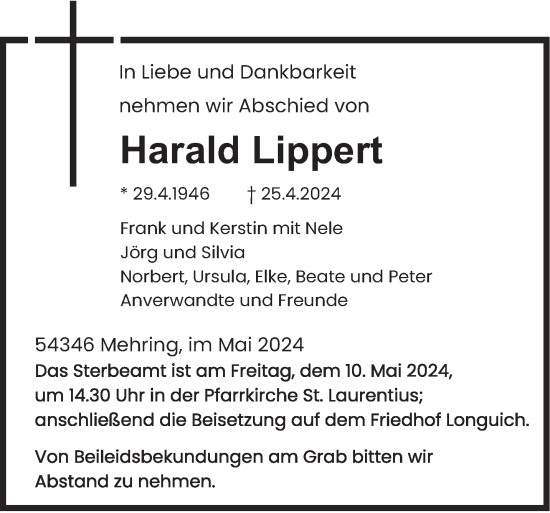 Todesanzeige von Harald Lippert von trierischer_volksfreund