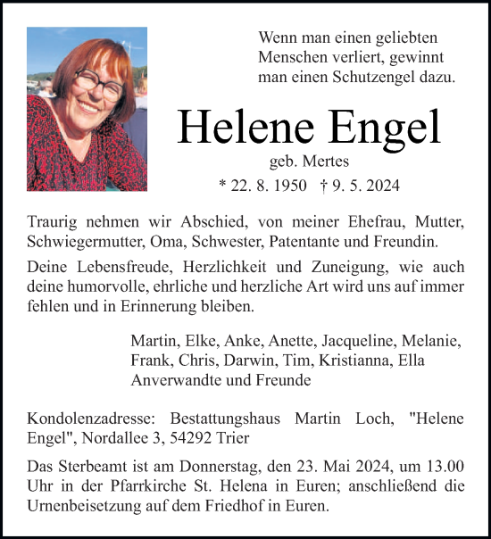 Todesanzeige von Helene Engel von trierischer_volksfreund