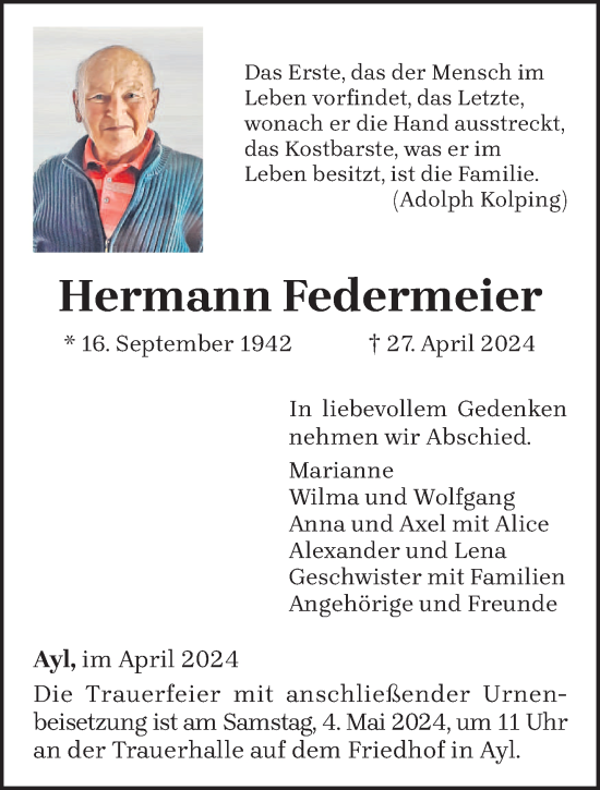 Todesanzeige von Hermann Federmeier von trierischer_volksfreund