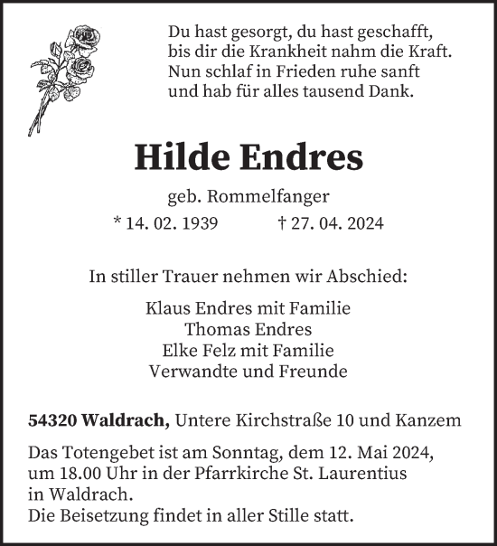 Todesanzeige von Hilde Endres von trierischer_volksfreund