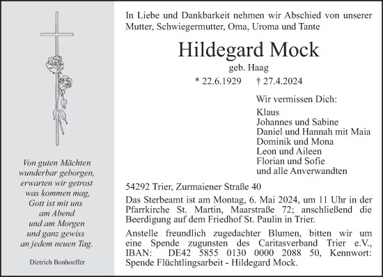 Todesanzeige von Hildegard Mock von trierischer_volksfreund
