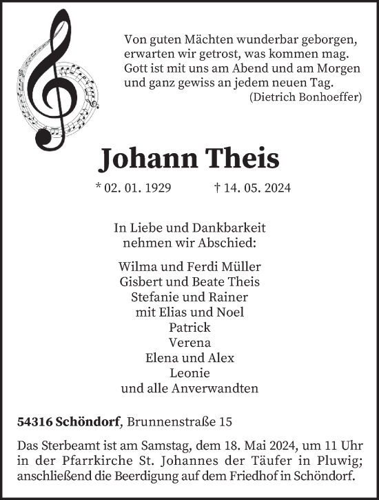 Todesanzeige von Johann Theis von trierischer_volksfreund
