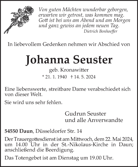 Todesanzeige von Johanna Seuster von trierischer_volksfreund