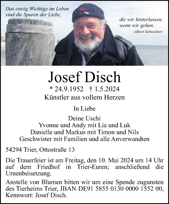 Todesanzeige von Josef Disch von trierischer_volksfreund