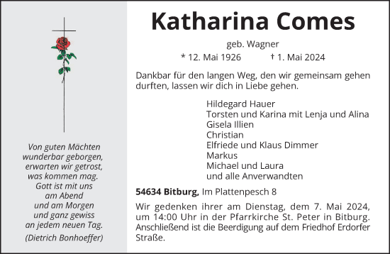 Todesanzeige von Katharina Comes von trierischer_volksfreund