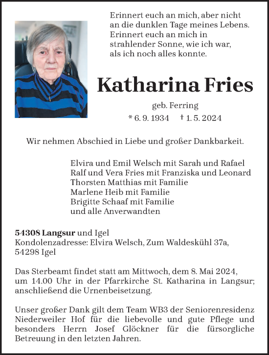 Todesanzeige von Katharina Fries von trierischer_volksfreund