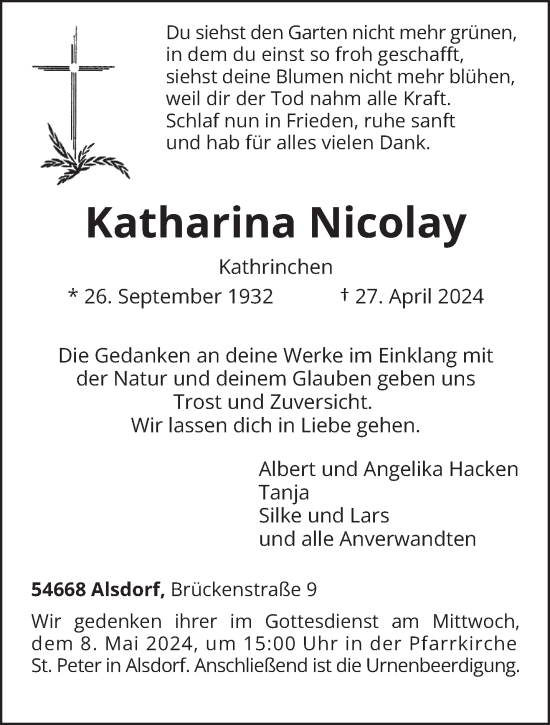 Todesanzeige von Katharina Nicolay von trierischer_volksfreund