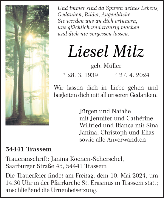 Todesanzeige von Liesel Milz von trierischer_volksfreund