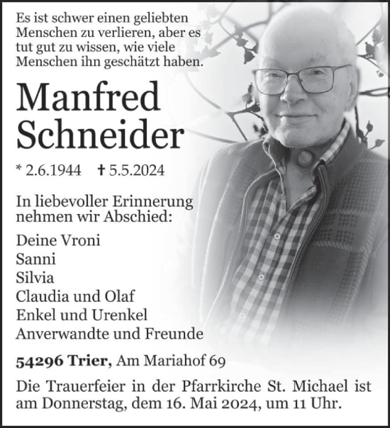 Todesanzeige von Manfred Schneider von trierischer_volksfreund