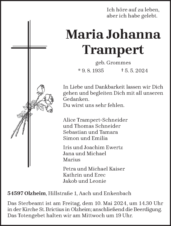Todesanzeige von Maria Johanna Trampert von trierischer_volksfreund