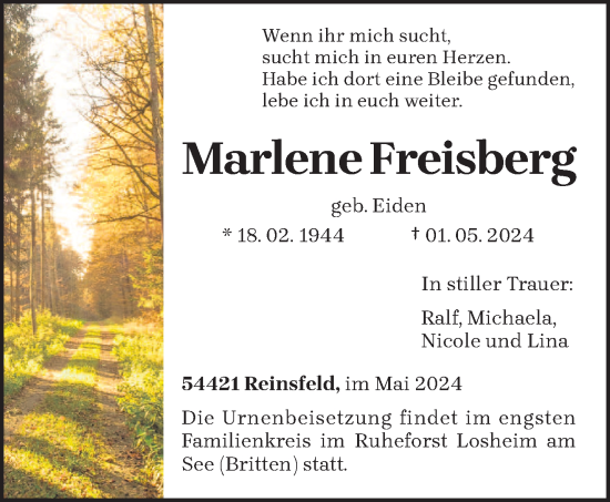 Todesanzeige von Marlene Freisberg von trierischer_volksfreund