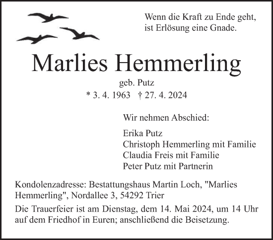 Todesanzeige von Marlies Hemmerling von trierischer_volksfreund