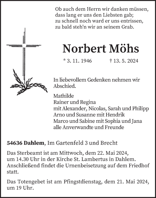Todesanzeige von Norbert Möhs von trierischer_volksfreund