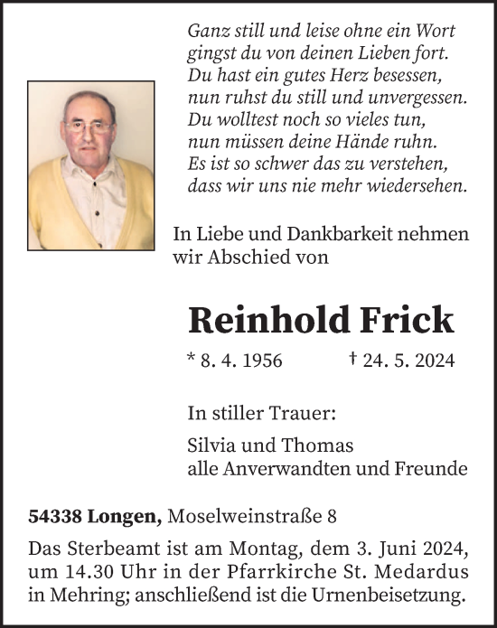 Todesanzeige von Reinhold Frick von trierischer_volksfreund