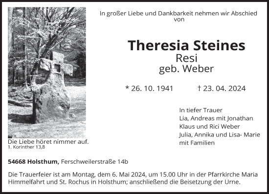 Todesanzeige von Theresia Steines von trierischer_volksfreund