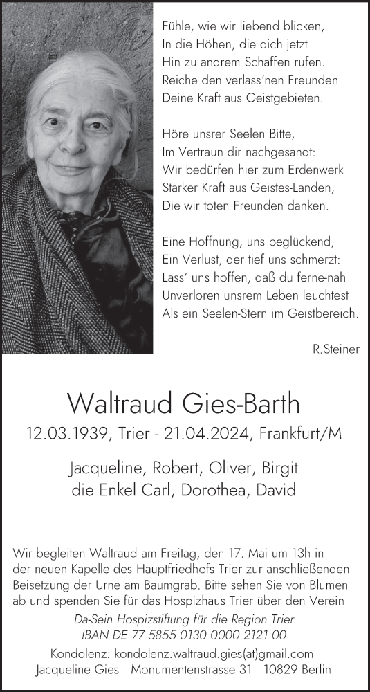 Todesanzeige von Waltraud Gies-Barth von trierischer_volksfreund