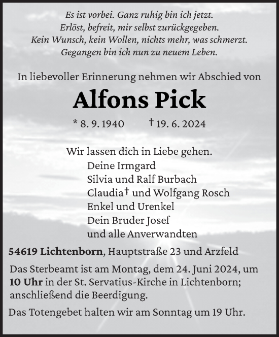 Todesanzeige von Alfons Pick von trierischer_volksfreund