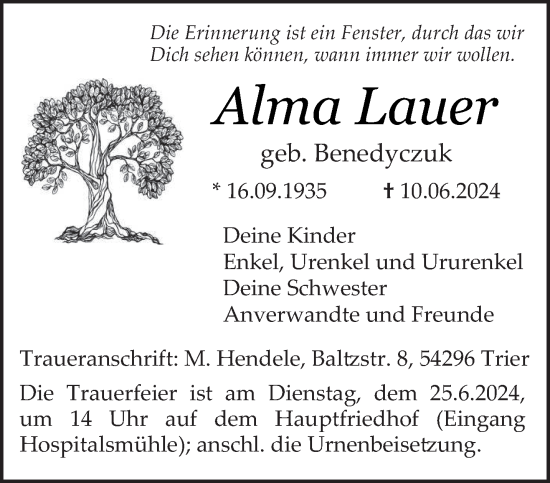 Todesanzeige von Alma Lauer von trierischer_volksfreund