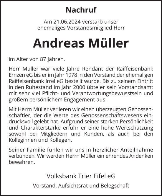 Todesanzeige von Andreas Müller von trierischer_volksfreund