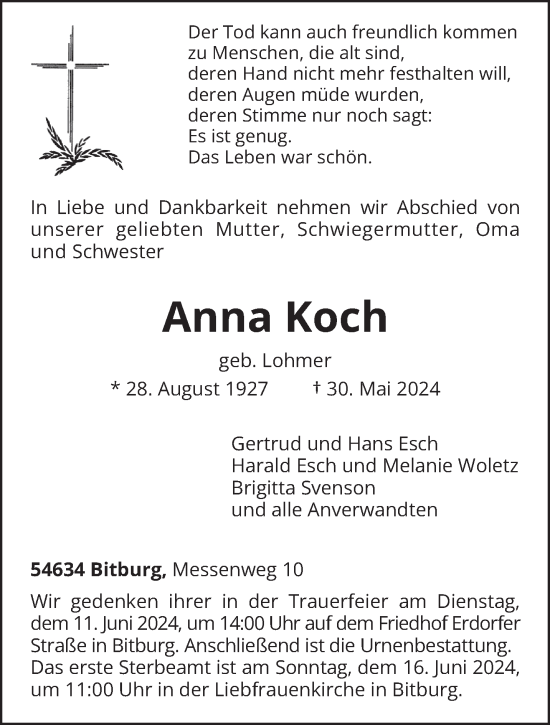 Todesanzeige von Anna Koch von trierischer_volksfreund