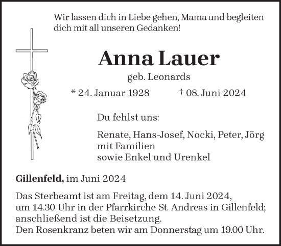 Todesanzeige von Anna Lauer von trierischer_volksfreund