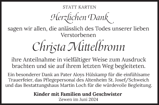 Todesanzeige von Christa Mittelbronn von trierischer_volksfreund