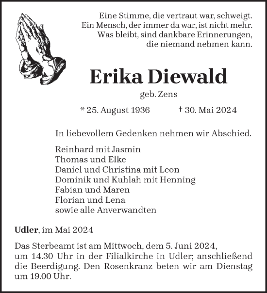 Todesanzeige von Erika Diewald von trierischer_volksfreund