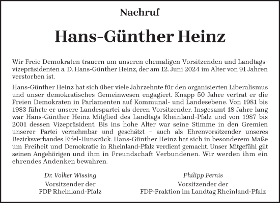 Todesanzeige von Hans-Günther Heinz von trierischer_volksfreund