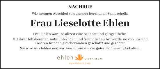 Todesanzeige von Lieselotte Ehlen von trierischer_volksfreund