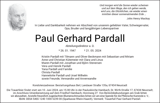 Todesanzeige von Paul Gerhard Pardall von trierischer_volksfreund