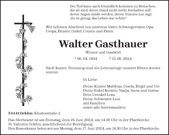 Todesanzeige von Walter Gasthauer von trierischer_volksfreund