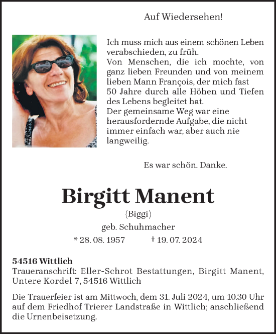 Todesanzeige von Birgitt Manent von trierischer_volksfreund